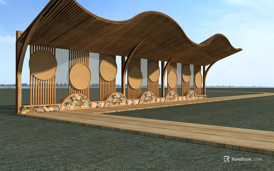 Wooden Pergola With Wavy Roof Circular Ornaments Stone Base And Wooden Walkway In Outdoor Landscape 3d model 