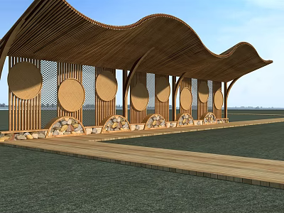 Wooden Pergola With Wavy Roof Circular Ornaments Stone Base And Wooden Walkway In Outdoor Landscape 3d model