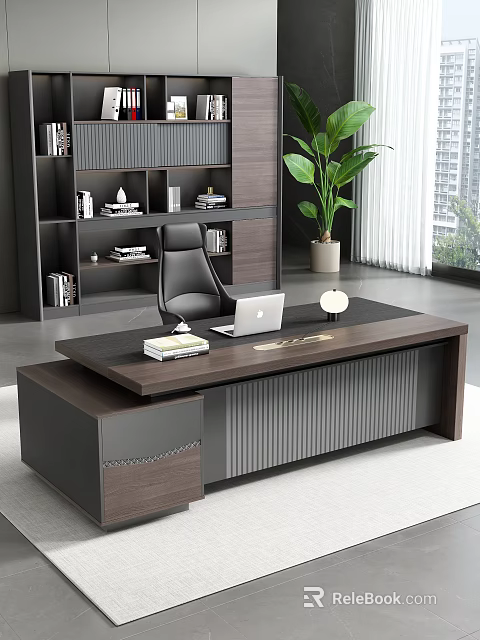 Modern Office Desk With Black Leather Chair Laptop Desk Lamp Bookshelf And Green Plant 3d model 