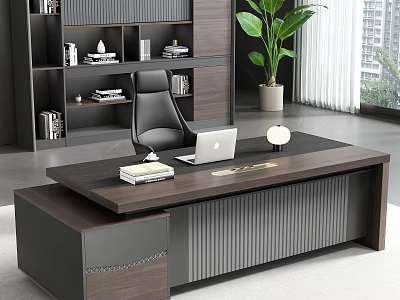 Modern Office Desk With Black Leather Chair Laptop Desk Lamp Bookshelf And Green Plant 3d model