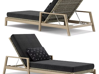 Modern Reclining Lounge Chair With Wicker Backrest Wooden Frame And Black Cushion 3d model