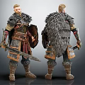 Medieval Fantasy Game Movie Character With Blonde Hair Fur Cloak Metal Armor Sword And Shield