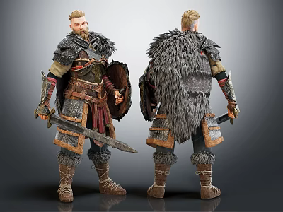 Medieval Fantasy Game Movie Character With Blonde Hair Fur Cloak Metal Armor Sword And Shield 3d model