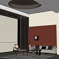 Modern Sales Office Interior Design With Red Wall Sofa And Decorative Lighting 3d model