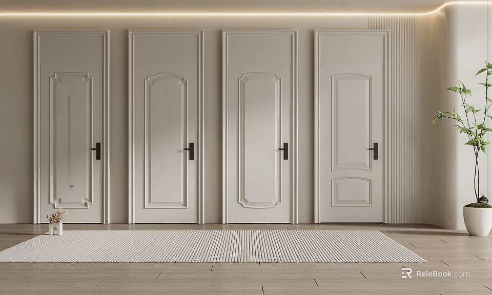 Elegant Hinged Doors With Decorative Panels In Modern Interior With Wooden Floor 3d model 
