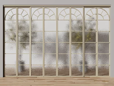 Elegant Sliding Doors With Arched Top Grille And Frosted Glass Panels 3d model