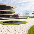 Modern Circular Architectural Complex With Green Lawns Water Ponds And Walkways