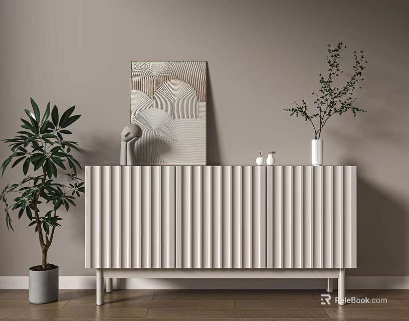 White Fluted Entryway Console Cabinet With Potted Plant Vase and Decorative Artwork 3d model 