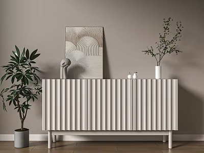 White Fluted Entryway Console Cabinet With Potted Plant Vase and Decorative Artwork 3d model