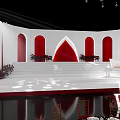 Elegant Banquet Hall With Red White Decor Hanging Crystals Arch Stage WJY Letters Round Tables