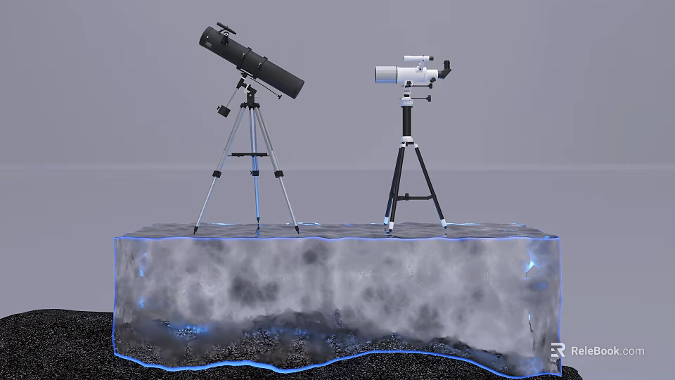 Industrial Equipment Display with Telescopes on Tripods Over Ice Like Platform on Black Ground 3d model 