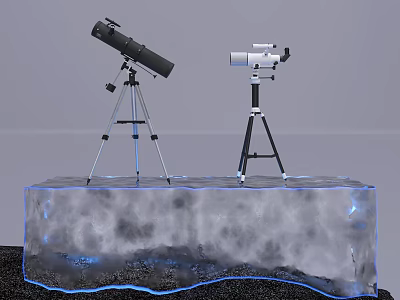 Industrial Equipment Display with Telescopes on Tripods Over Ice Like Platform on Black Ground 3d model