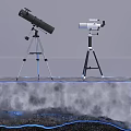 Industrial Equipment Display with Telescopes on Tripods Over Ice Like Platform on Black Ground