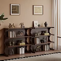 Modern Living Corner With Brown Wall Framed Art Bookshelf Green Plant And Decorative Items