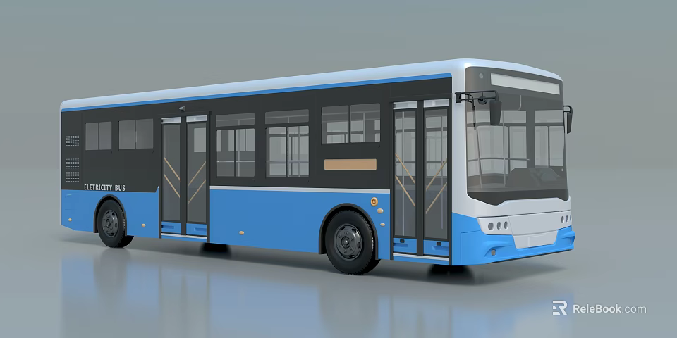 Blue and White Modern Urban Bus with Multiple Doors and Large Windows Design 3d model 