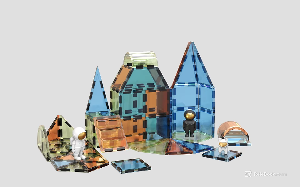 Doll Figurines in Colorful Transparent Block Buildings with Spires and Playful Design Scene 3d model 