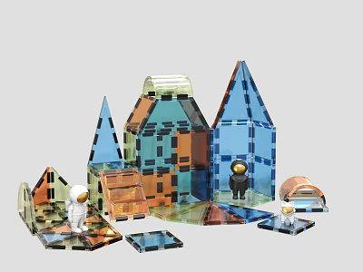 Doll Figurines in Colorful Transparent Block Buildings with Spires and Playful Design Scene 3d model