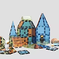 Doll Figurines in Colorful Transparent Block Buildings with Spires and Playful Design Scene