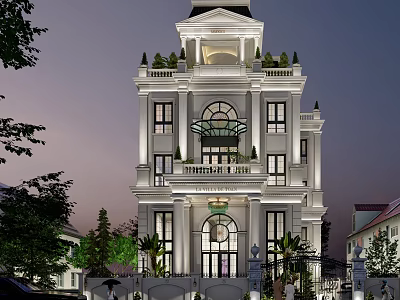 Elegant White Detached Villa Featuring Arched Windows Multi Story Design And Landscaped Garden 3d model