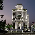 Elegant White Detached Villa Featuring Arched Windows Multi Story Design And Landscaped Garden
