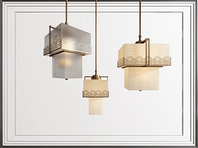 Modern Square Pendant Lights With Textured Glass Shades And Metal Frame Accents 3d model