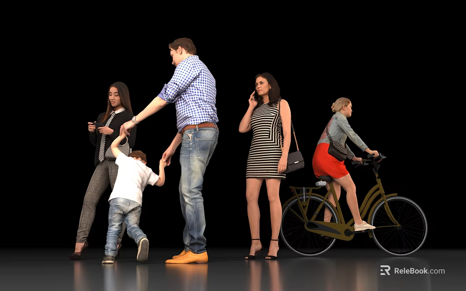 Group of People Including Adults and Child Interacting Talking on Phone Riding Bicycle 3d model 