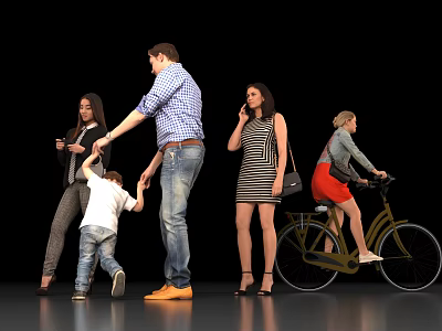 Group of People Including Adults and Child Interacting Talking on Phone Riding Bicycle 3d model