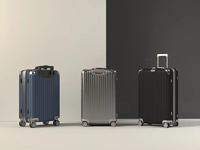 Three Modern Sleek Suitcases in Blue Silver Black With Wheels And Trolley Handles 3d model