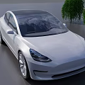 White Tesla Electric Sedan With Black Roof Modern Design Near Green Trees Outdoor