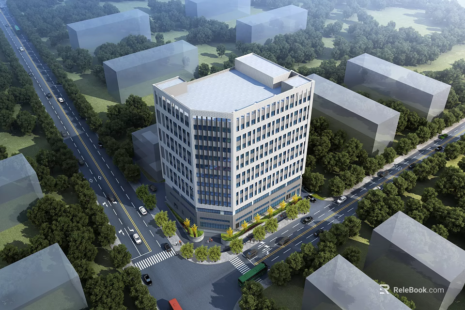 Aerial Planning of Modern Multi Story Building With Surrounding Roads Trees And Urban Layout 3d model 