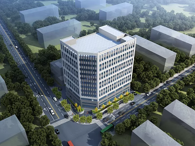 Aerial Planning of Modern Multi Story Building With Surrounding Roads Trees And Urban Layout 3d model