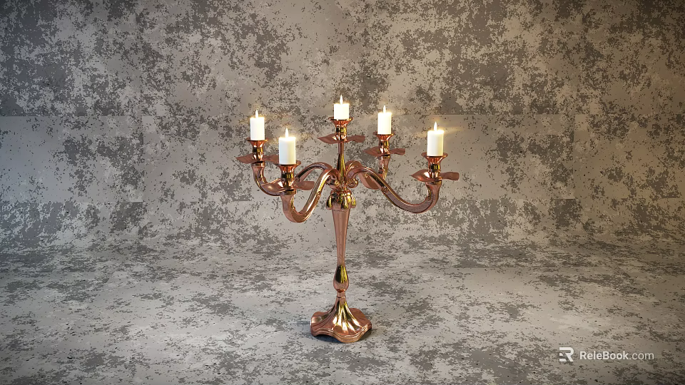 Elegant Rose Gold Candelabra With Multiple Lit Candles On Gray Textured Base 3d model