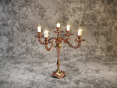 Elegant Rose Gold Candelabra With Multiple Lit Candles On Gray Textured Base 3d model