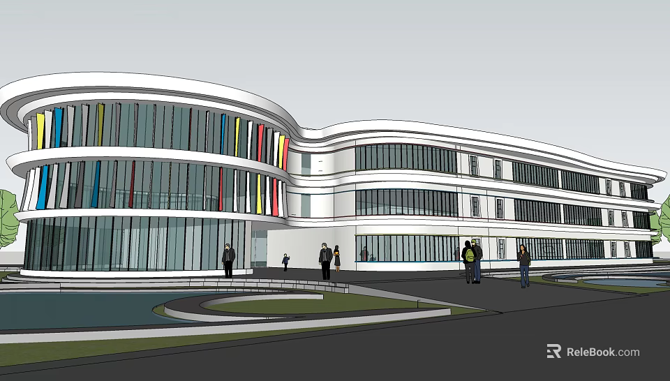 Modern Curved Roof Building Exterior With Glass Curtain Walls And People Walking Outside 3d model 
