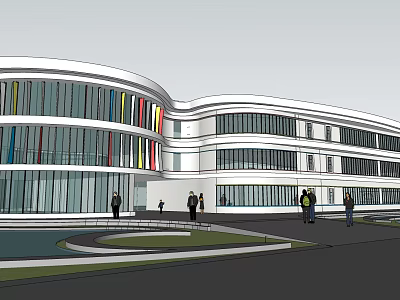Modern Curved Roof Building Exterior With Glass Curtain Walls And People Walking Outside 3d model
