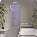 Modern Beauty Salon Interior Design With Elegant White Sofas Round Pendant Lights And Green Plants