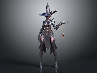 Game Fantasy Witch Character With Pointed Hat Metal Armor And Staff Red Vial 3d model