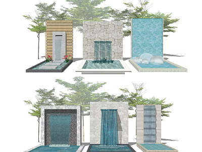 Garden Ornaments With Water Features Decorative Stone Wood Glass Designs And Green Plants 3d model