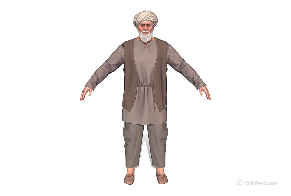 Traditional Elderly Man With Turban White Beard In Robe Vest Standing And Outstretched Hands 3d model 