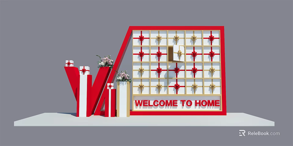 Welcome Home Decorative Setup With Red White Design Gift Box Star Patterns Flower Vases 3d model