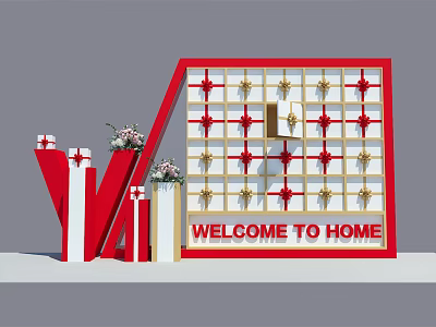 Welcome Home Decorative Setup With Red White Design Gift Box Star Patterns Flower Vases 3d model