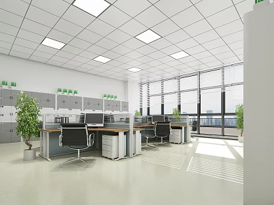 Bright Public Office Space With White Ceiling Square Lights Green Plants Desks And Large Windows 3d model