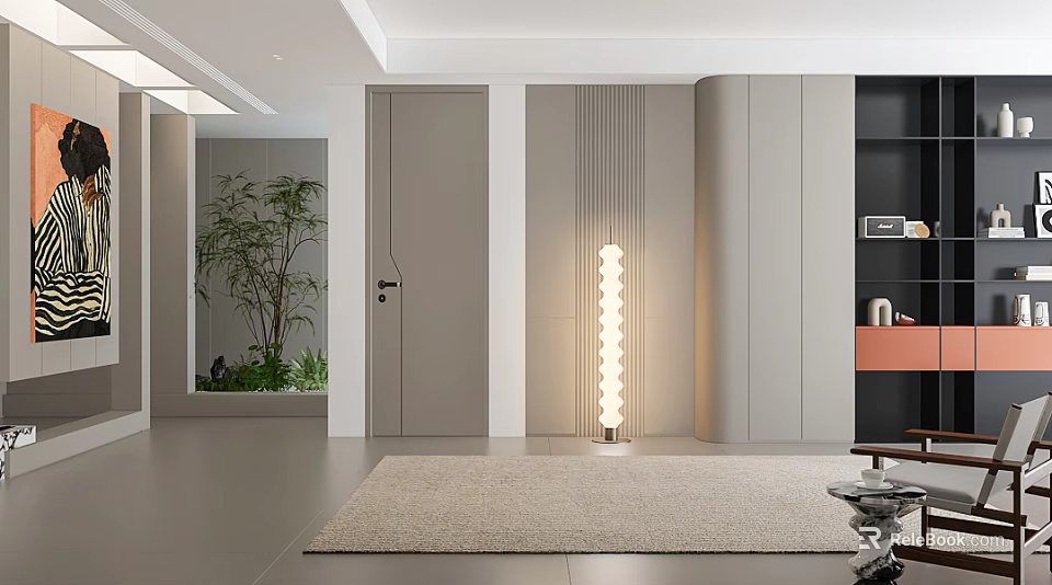 Elegant Modern Interior Design With Decorative Wall Floor Lamp Soft Rug And Green Plant 3d model 