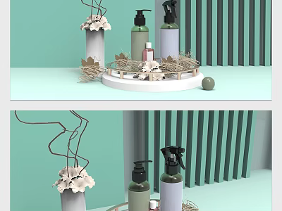 Decorative Ornament Set With Glass Bottles Tray Artificial Flowers And Green Vines 3d model