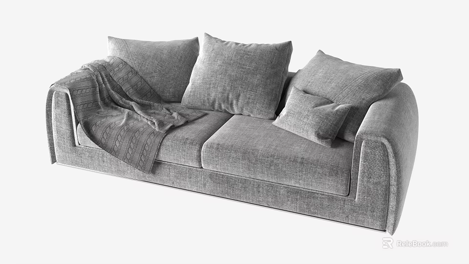 Modern Gray Double Sofa With Decorative Pillows And Soft Throw Blanket 3d model