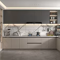 Modern Kitchen Interior Design With Gray Beige Cabinets Marble Backsplash And Appliances