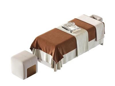 Stylish Massage Bed with Soft Brown Beige Covers and White Stool 3d model