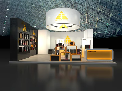 Modern Exhibition Booth With Yellow Triangle Logo Round Ceiling Light Display Shelves And Product Displays 3d model