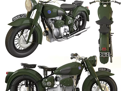 Vintage Green Motorcycle WWII Era Classic Design With Dual Seat Headlight And Exhaust Pipe 3d model
