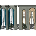 Blue White And Beige Curtains For Arched Windows With Columns And Plants